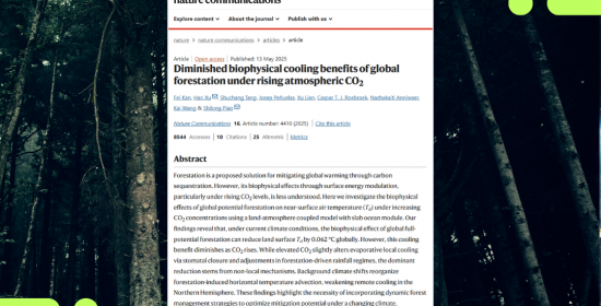 New research reveals declining cooling benefits of global forestation under rising CO₂